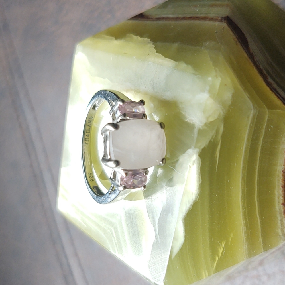 Rose quartz and pink stone embellished ring 925 silver size 7